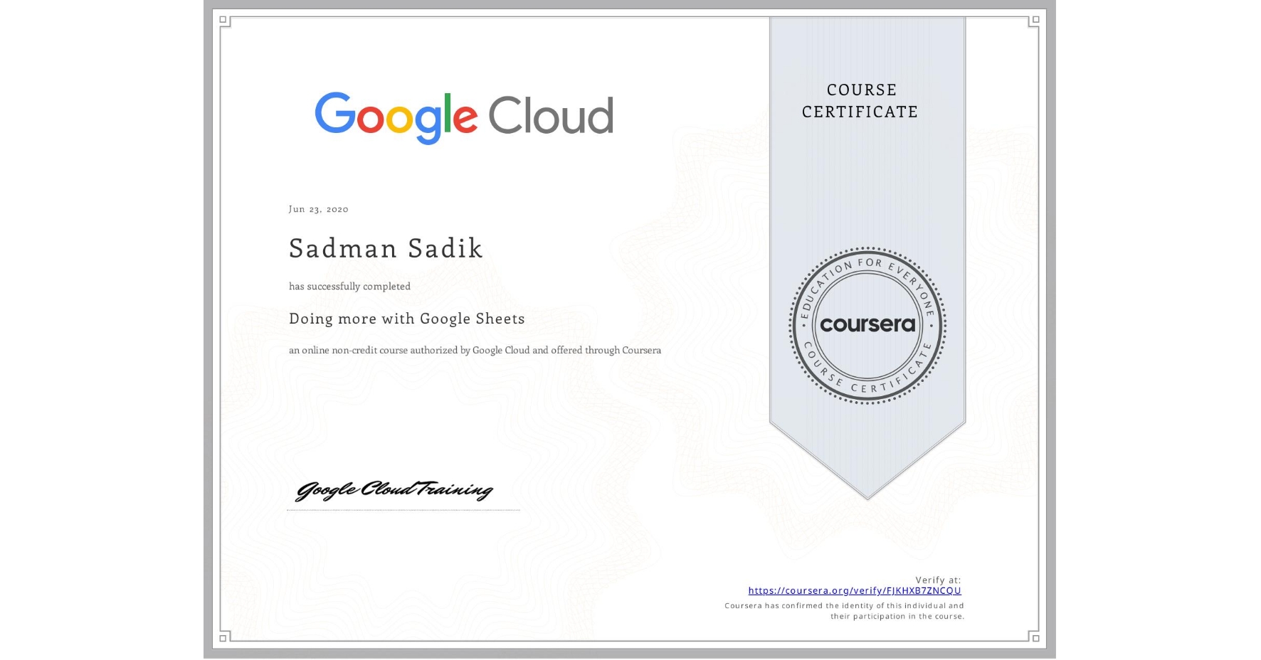 Google Sheets Certificate
