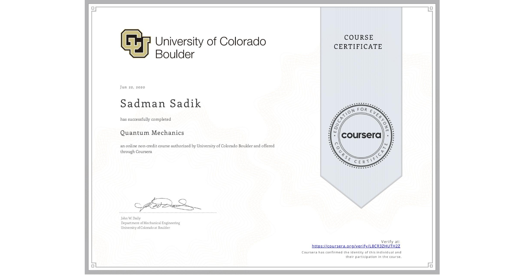 Quantum Mechanics Certificate